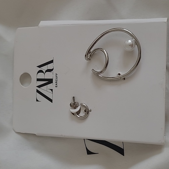 Zara Silver Hoop Ear Cuff Pearl Earring Set Modern Design Hypoallergenic For Wom - Picture 2 of 5